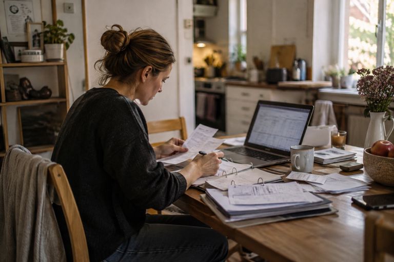 Eine Kassenwartin sitzt am Küchentisch und prüft Belege: Vor ihr liegen ein Ordner mit Quittungen und ein Laptop mit einer Tabelle, daneben stehen eine Tasse und eine Obstschale.