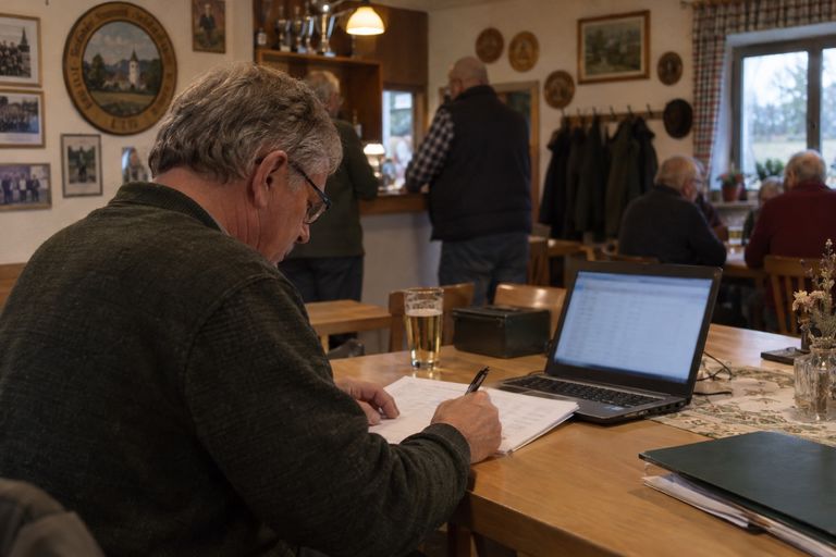 Ein Vereinsmitglied mit Brille trägt im Vereinsheim Angaben in eine ausgedruckte Liste ein, daneben zeigt ein Laptop eine Tabelle; im Hintergrund stehen Mitglieder an der Theke.